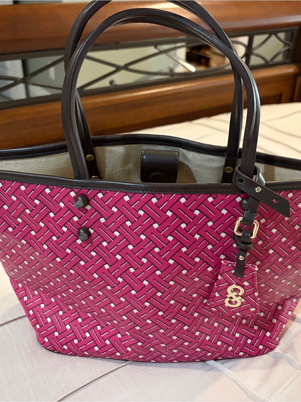 Cole Haan Pink Patterned Tote with Dark Brown Handles
